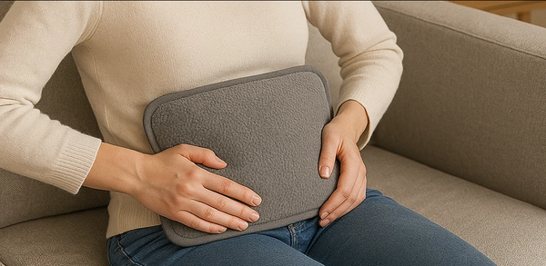 Person holding a gray heating pad against their stomach on a couch.