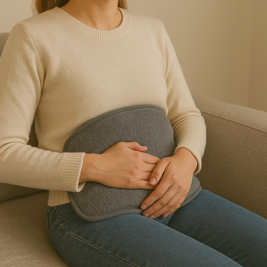 Person holding a gray heating pad against their stomach while sitting on a couch.