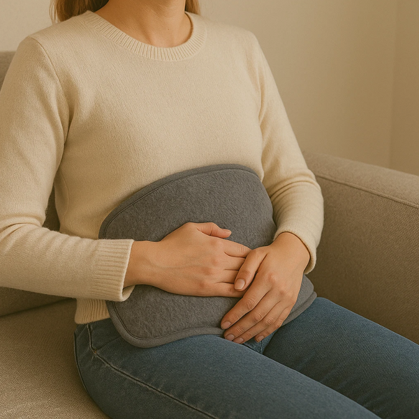 Person holding a gray heating pad against their stomach while sitting on a couch.