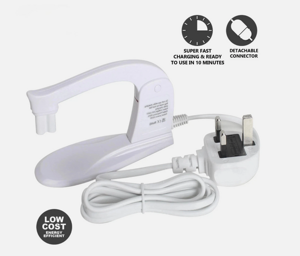 White electronic device with charging cable on a white background