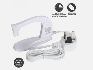 White electronic device with charging cable on a white background