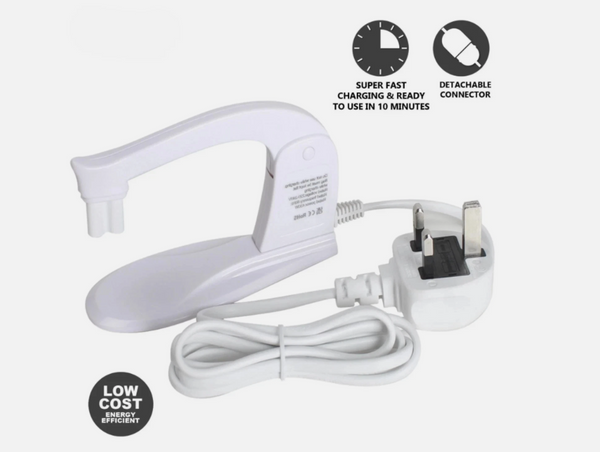 White electronic device with charging cable on a white background