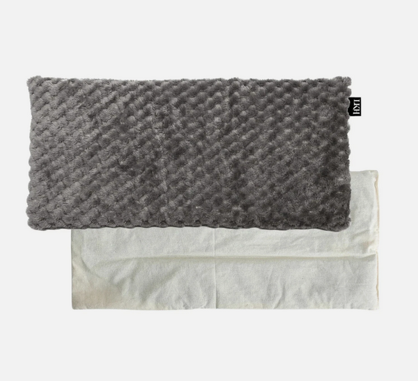 Gray textured pouch with a white interior on a light gray background