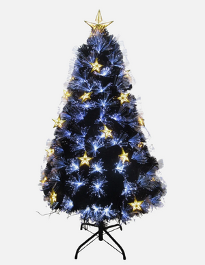 Fibre optic Christmas tree with cool white lights and light up gold stars, on a white plain background.