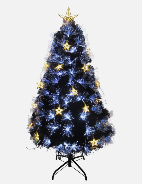 Fibre optic Christmas tree with cool white lights and light up gold stars, on a white plain background.