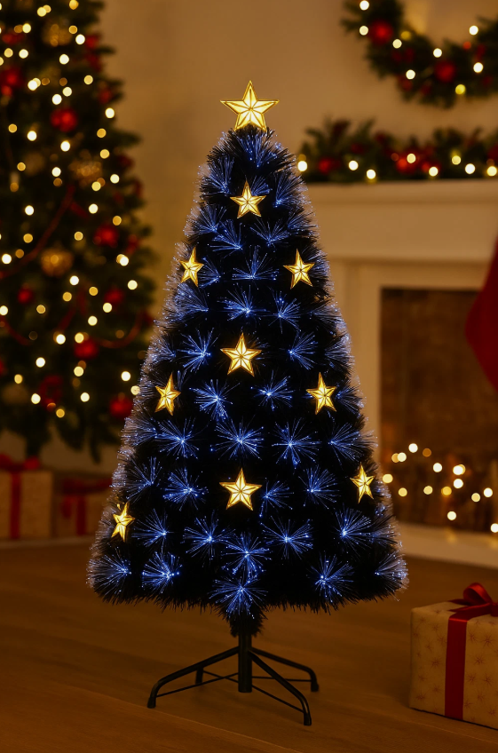 Fibre optic Christmas tree with cool white lights and light up gold stars, in front of a lit fireplace in a livingroom.