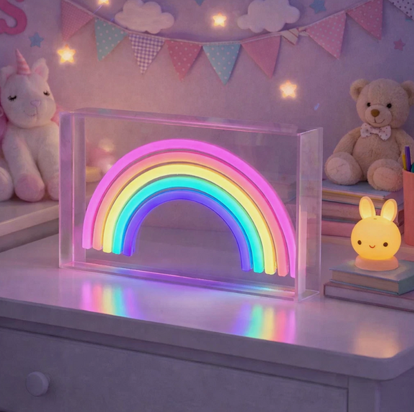 Neon rainbow light in a clear frame on a shelf with decorative items.