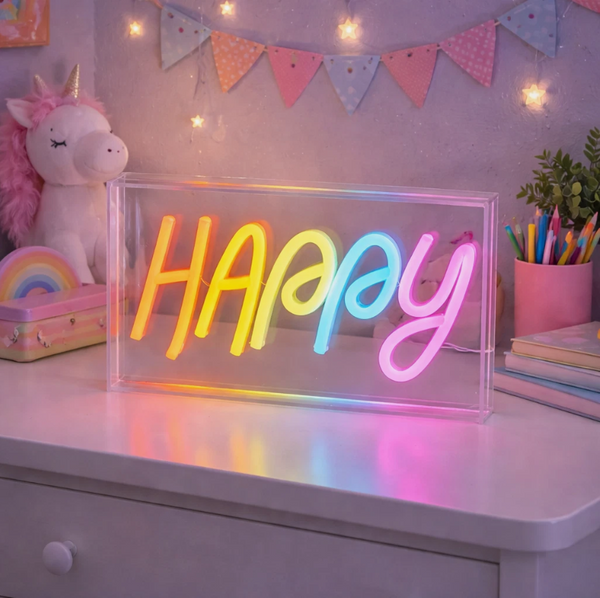 Neon sign with the word 'Happy' in colorful letters on a shelf with decorative items.