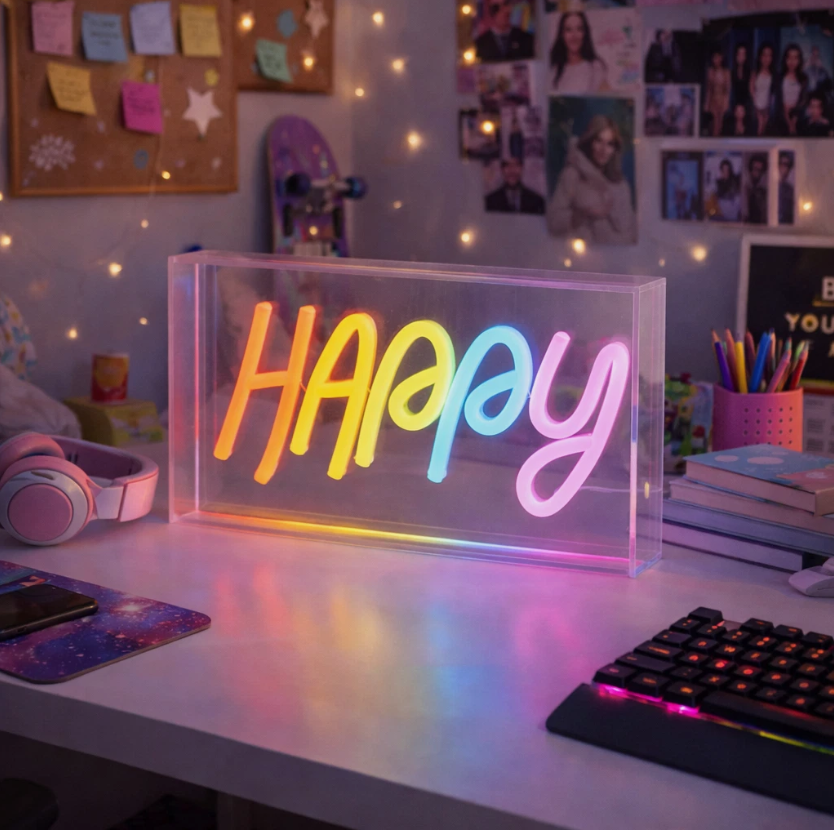 Neon sign spelling 'Happy' on a desk with colorful lighting