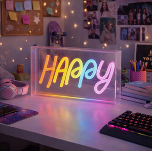 Neon sign spelling 'Happy' on a desk with colorful lighting