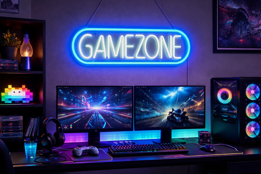 Neon sign with 'GAMEZONE' text on a white wall