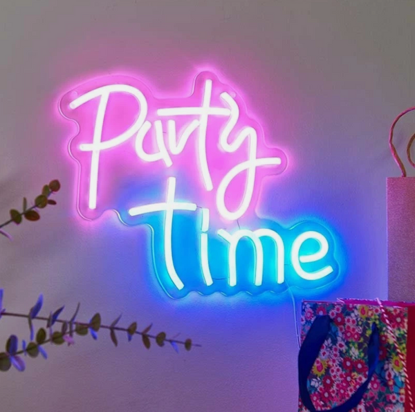 Neon sign with 'Party Time' on a wall with decorative elements.