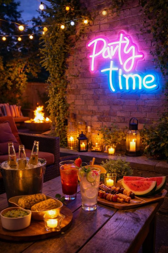 Neon 'Party Time' sign above a table with drinks and snacks outdoors.