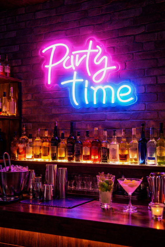 Neon sign reading 'Party Time' above a bar with various bottles and cocktails.
