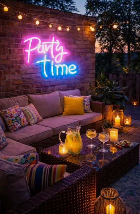Neon 'Party Time' sign above a cozy outdoor seating area with candles and drinks.