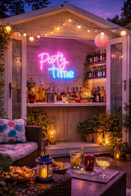 Outdoor patio with 'Party Time' neon sign, drinks, and string lights.