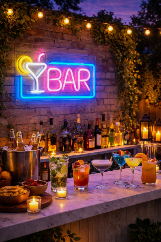 Neon sign reading 'Bar' in a bar setting with bottles and glasses.