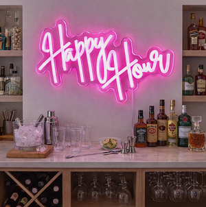 Neon sign reading 'Happy Hour' in a bar setting with bottles and glasses.