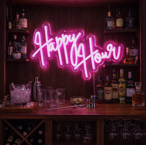 Neon sign reading 'Happy Hour' in a bar setting with bottles and glasses.