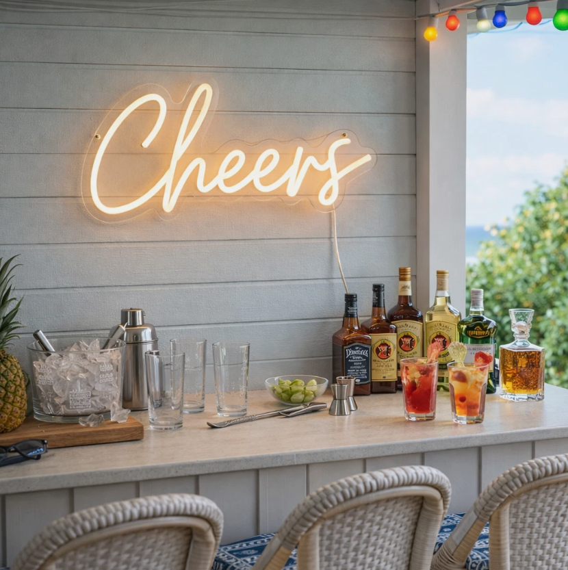 Neon 'Cheers' sign above a bar setup with drinks and bottles on a wooden deck.