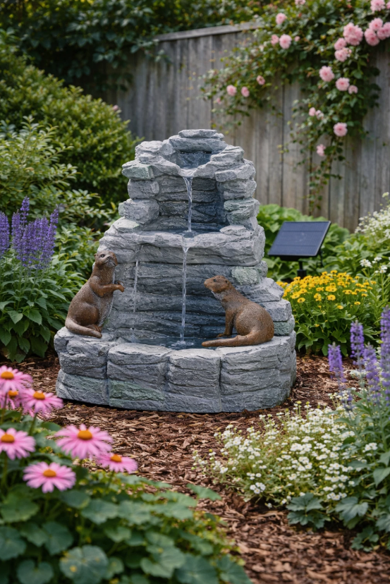 Stone fountain with two squirrel sculptures in a garden setting