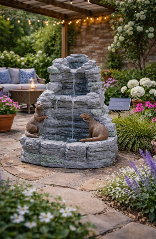 Two dogs sitting on a stone fountain in a garden setting with flowers and a patio in the background.