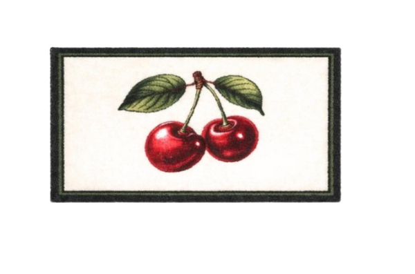 Framed artwork of two red cherries on a white background