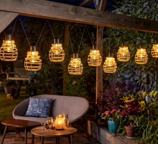 Outdoor setting with hanging string lights, a sofa, and decorative plants.
