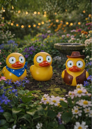 Three yellow rubber duckies with different outfits in a garden setting