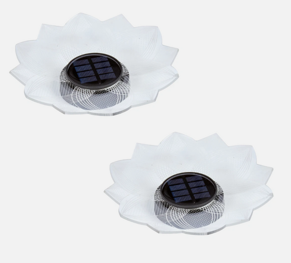 Two white solar-powered flower-shaped lights on a white background