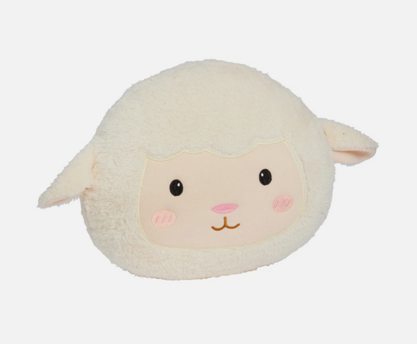 Plush toy shaped like a sheep face on a white background