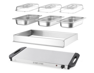 Stainless steel hot plate and food containers on a white background