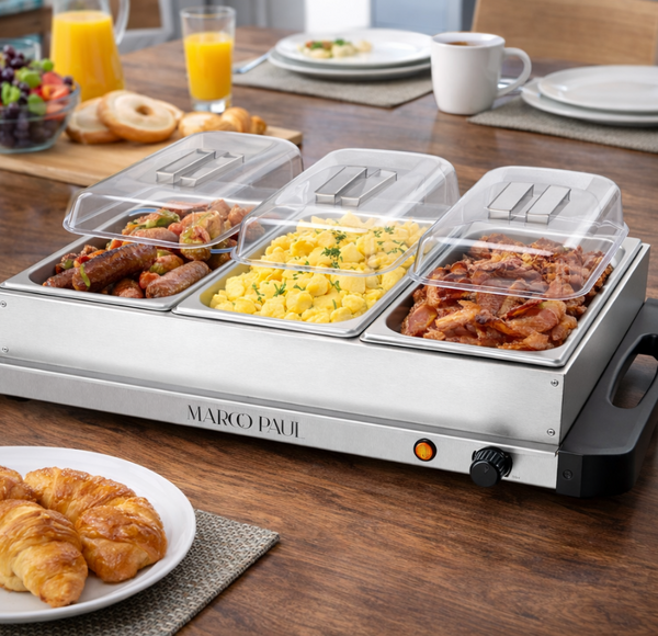 Hot food display case with breakfast items on a wooden table