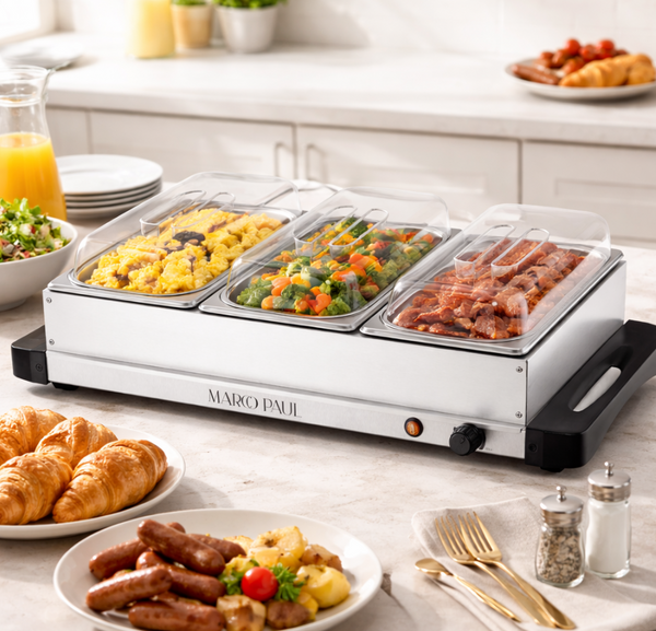 Hot food display case with various food items on a kitchen counter.