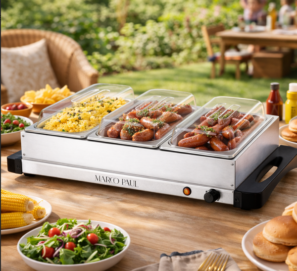 Hot food display with Marco Paul branding on a wooden table outdoors.