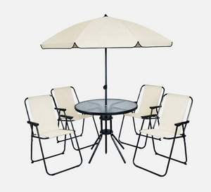 Outdoor patio set with round table, four chairs, and a large umbrella on a white background