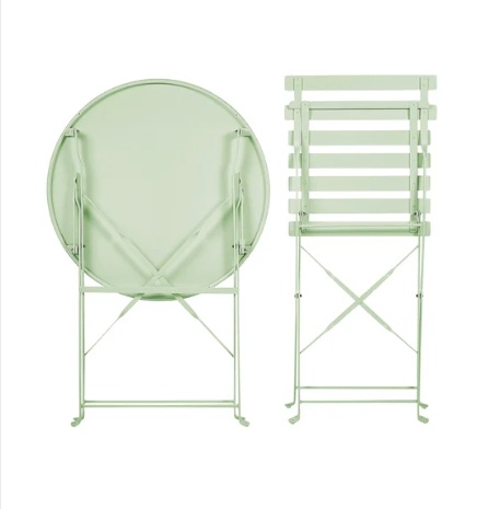 Two green folding chairs, one round and one with a slatted design, on a white background.