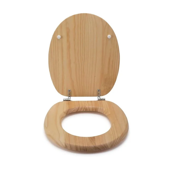 White toilet with a wooden seat in a bathroom setting