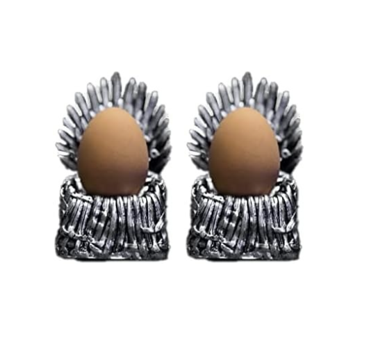 Two decorative egg holders with eggs on a white background