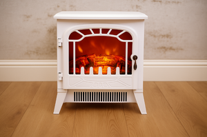 White electric stove with glowing interior on a wooden floor