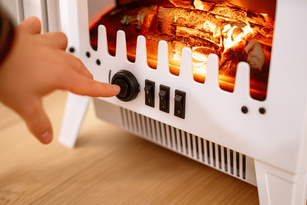 Hand adjusting a knob on a white electric heater with a fire scene display.