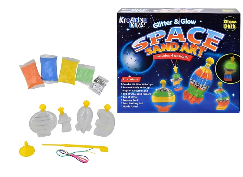 Kicatty Kids Space Sand Art kit with packaging, sand, and tools on a white surface.