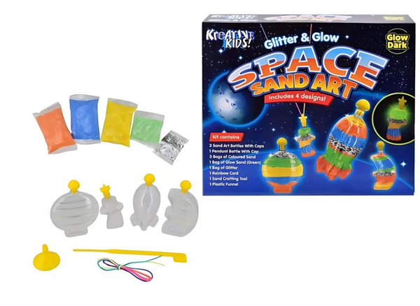 Space sand art kit with packaging, sand, and tools on a white background