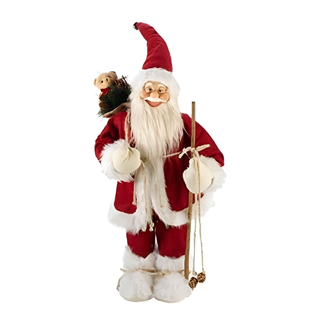 A plush Santa Claus Christmas decoration with LED lights, standing by a fireplace.