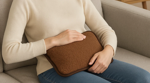 Person holding a brown heating pad on a couch