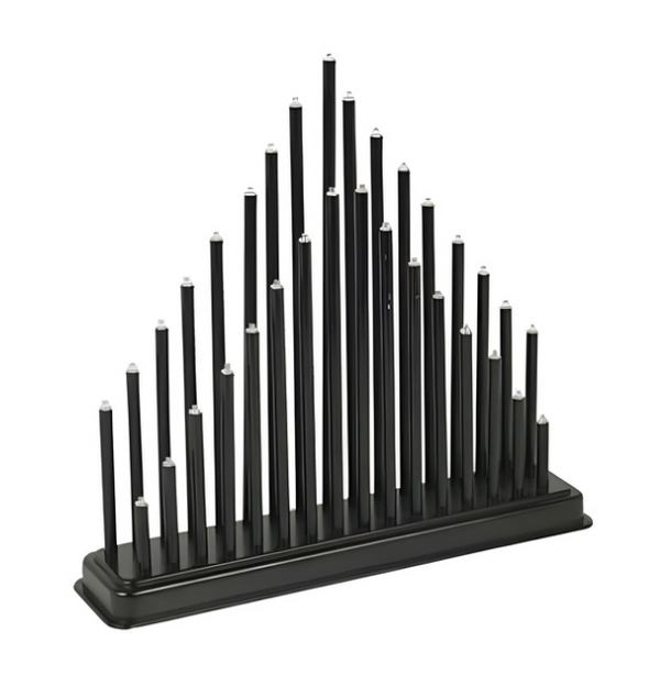 Black candle holder with multiple candles on a white background