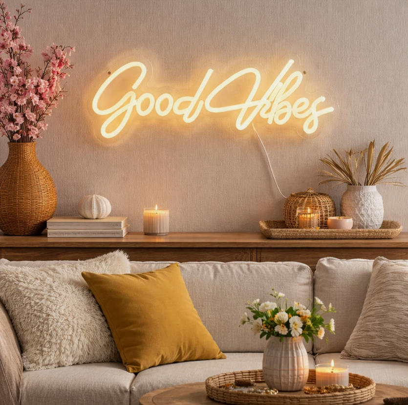 Neon sign with 'Good Vibes' on a textured wall with flowers and decorative items.