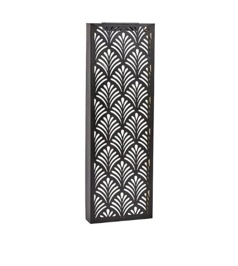 Decorative outdoor light fixture with geometric pattern on a wall.
