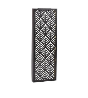 Decorative metal screen with intricate cut-out pattern on a white background