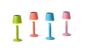 Four colorful table lamps on a white background